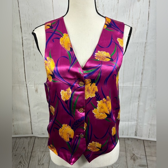 Magenta Multicolored Satin Chic Vest Yellows Flowers Handmade - Picture 3 of 4